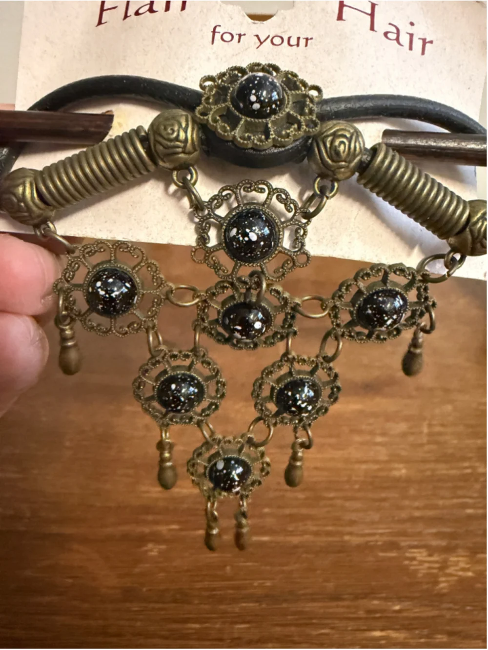 Vintage Flair For Your Hair Black Speckled Cabochon Hair Stick Antique Brass Ton